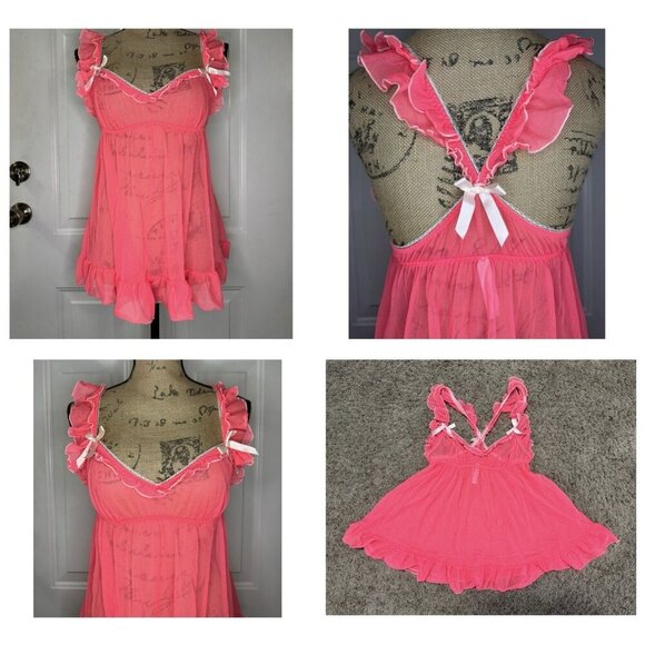 VICTORIA’S SECRET Neon Pink Babydoll Milkmaid Bowtie Ruffles Slip Top MEDIUM - Picture 1 of 9